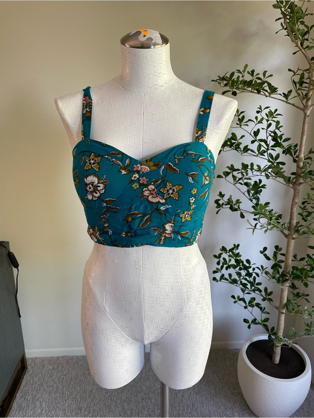 (S) Padded Teal Floral Crop Bustier Top
